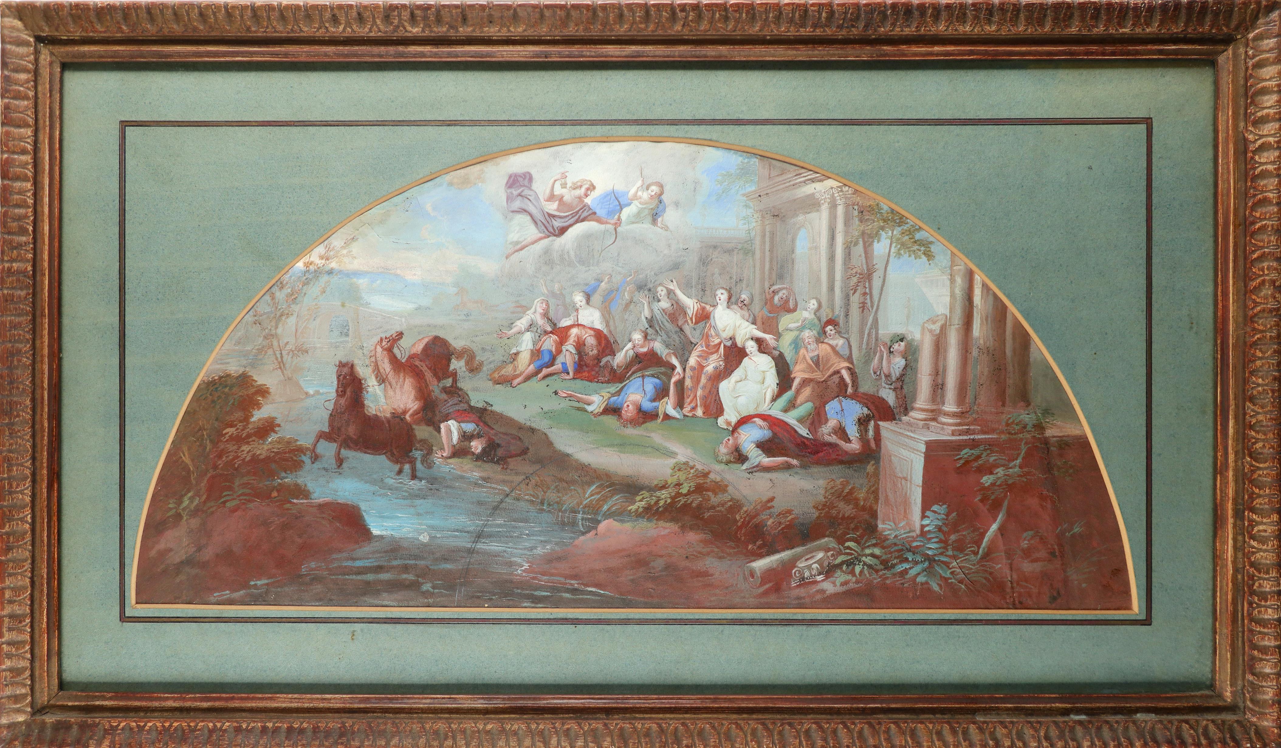 French School Early 18th Century The death of the Niobids Gouache, lunette shaped for a fan 23.7 x - Image 2 of 3