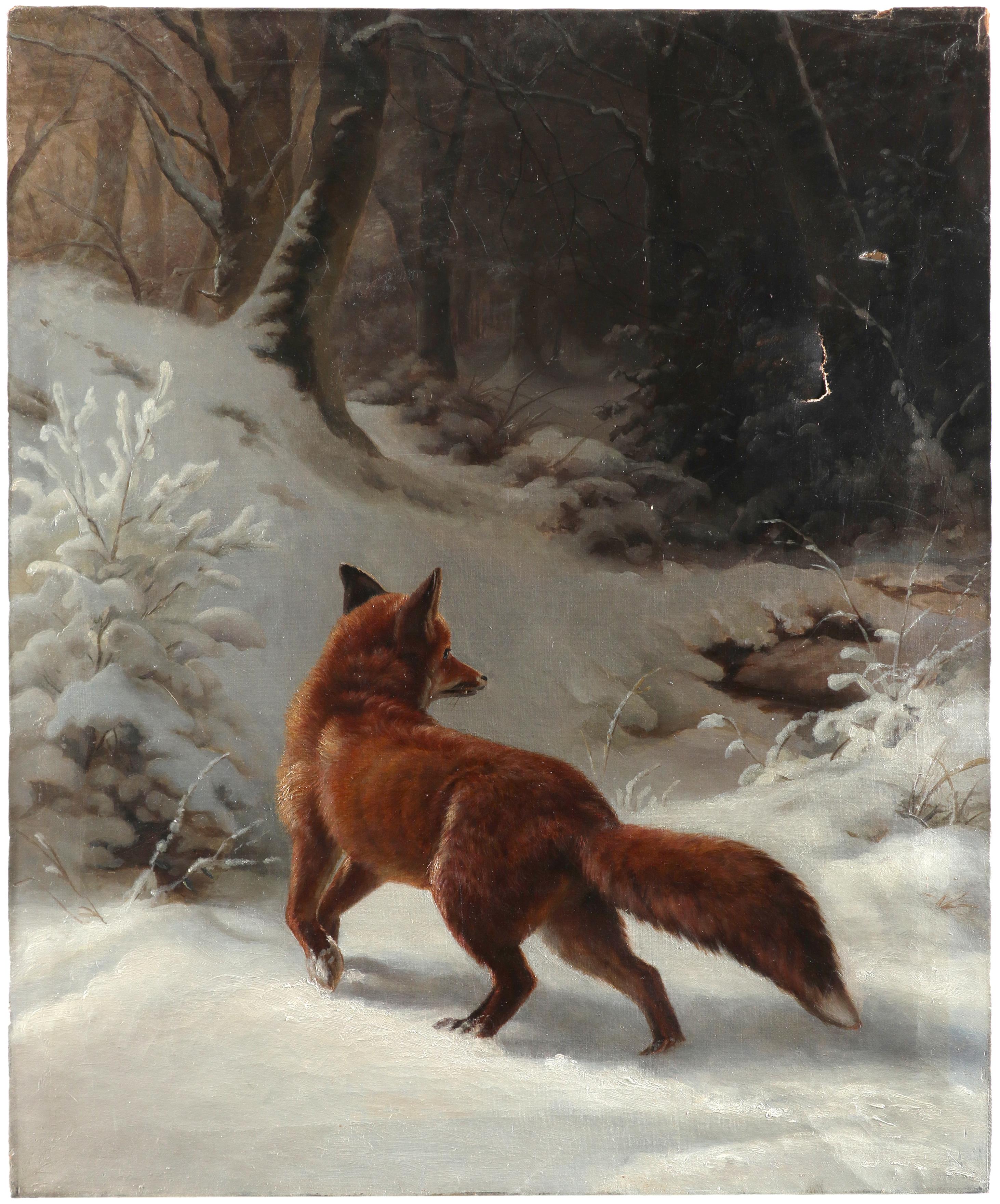 Attributed to Johannes Christian Deiker (German 1822-1895) A fox in the snow Oil on canvas 68.4 x - Image 2 of 3