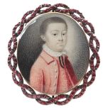 λEnglish School Late 18th Century Portrait miniature of a boy, wearing a red coat and waistcoat