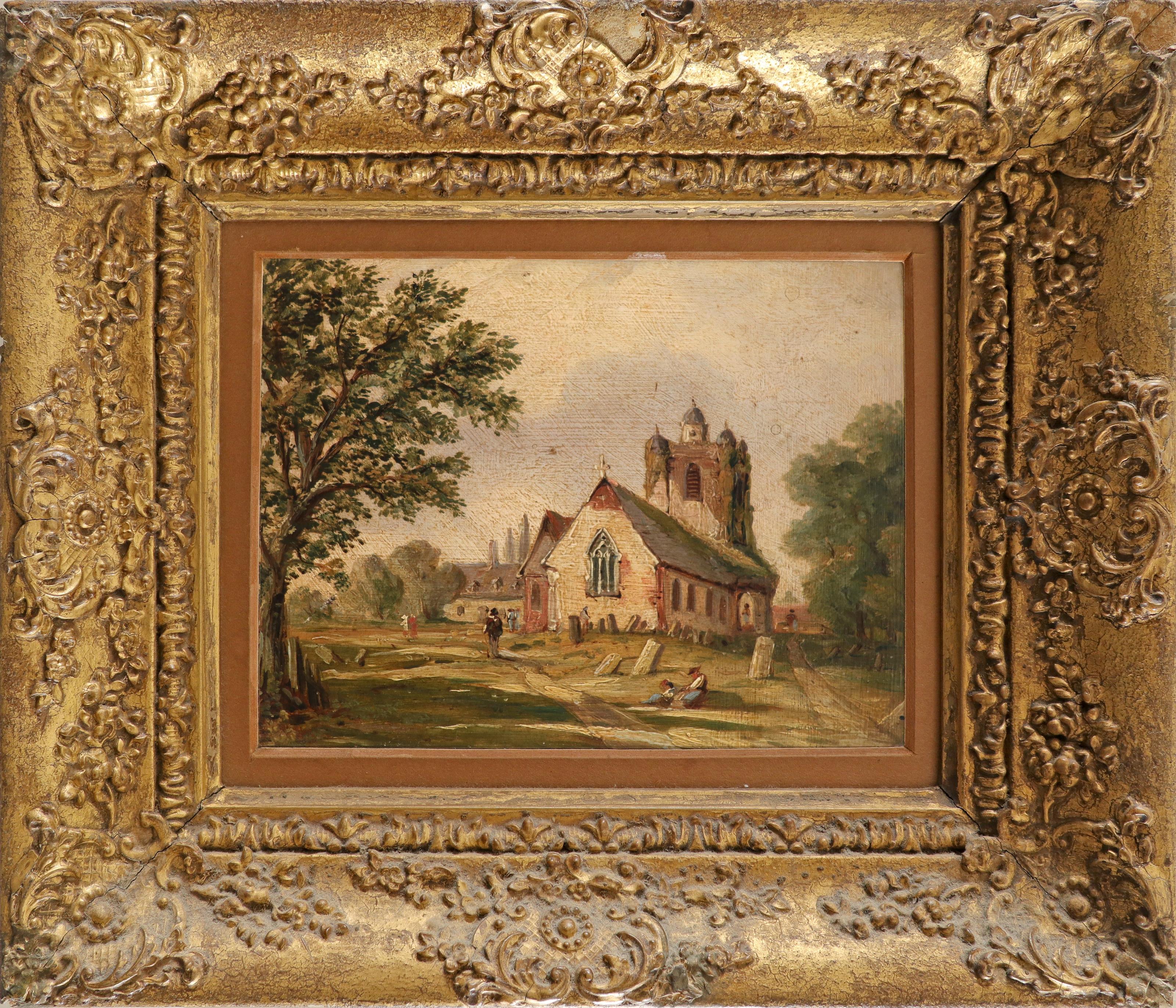 Circle of Alfred Vickers Figures in a churchyard Oil on board 13.5 x 17.7cm; 5¼ x 7in Provenance: - Image 2 of 3