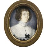 John Hoskins (c.1590-1665) Portrait miniature of a lady, wearing pearl earrings, a lace-trimmed