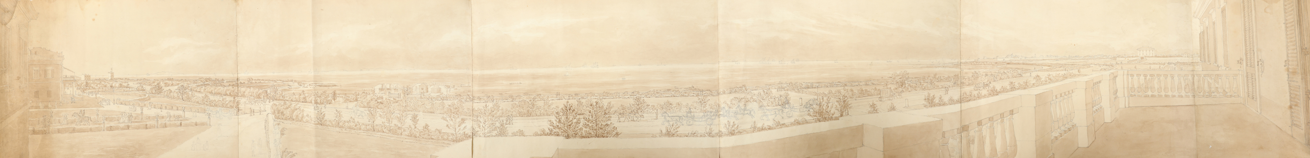 Maltese School 19th Century Panoramic view of Valletta harbour from a terrace Pencil, pen and ink,