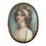 λAttributed to Andrew Plimer (1763-1837) Portrait miniature of a lady, in a white dress and a