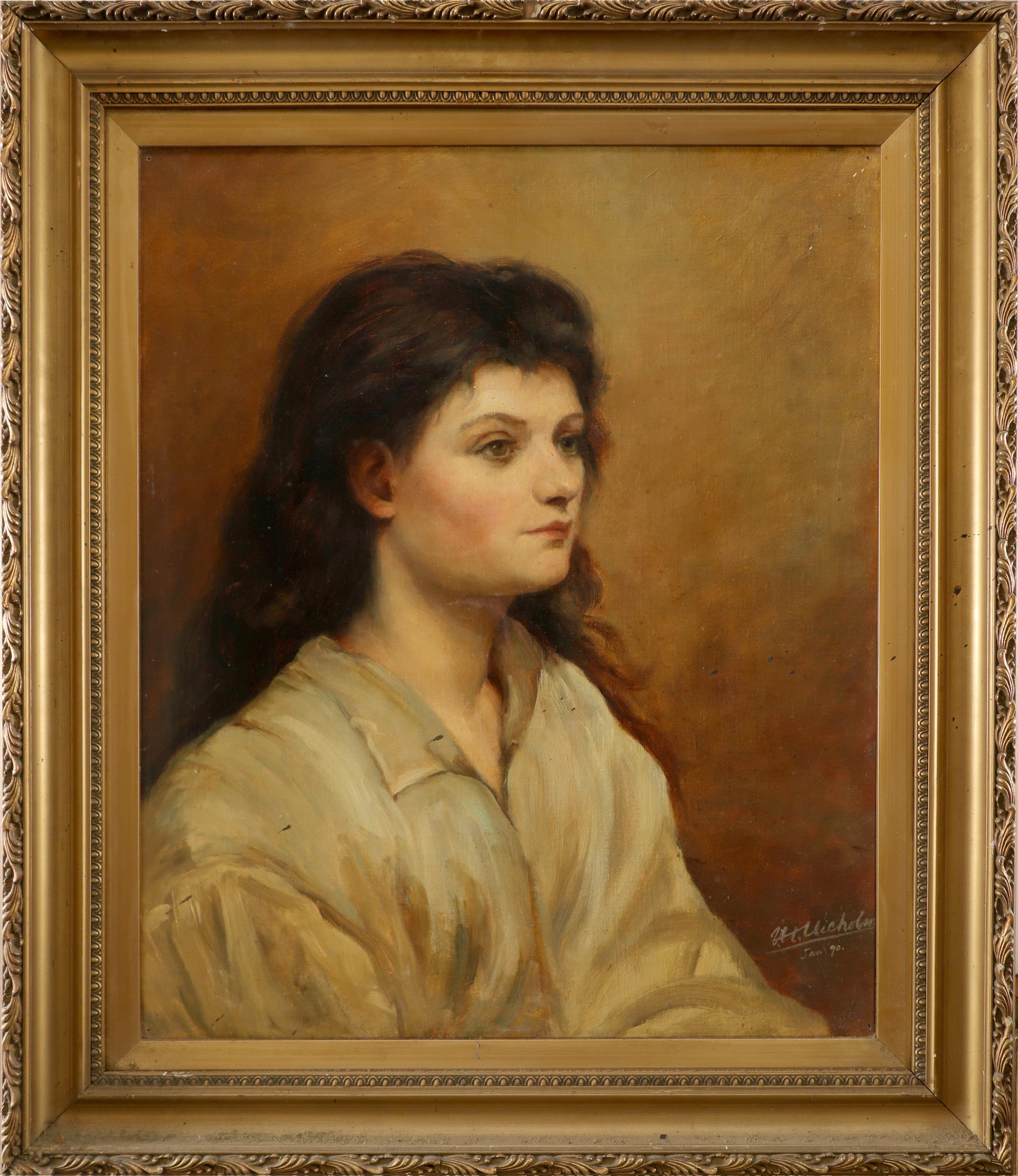 M. Nicholson (19th Century) Portrait of a young lady wearing a white blouse Signed and dated M - Image 2 of 3