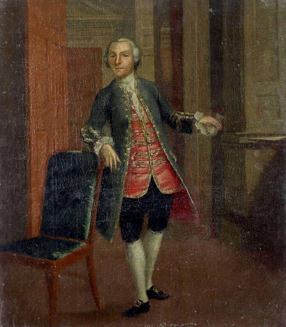 Circle of Arthur Devis Portrait of a gentleman, full-length, in a green coat and red waistcoat,