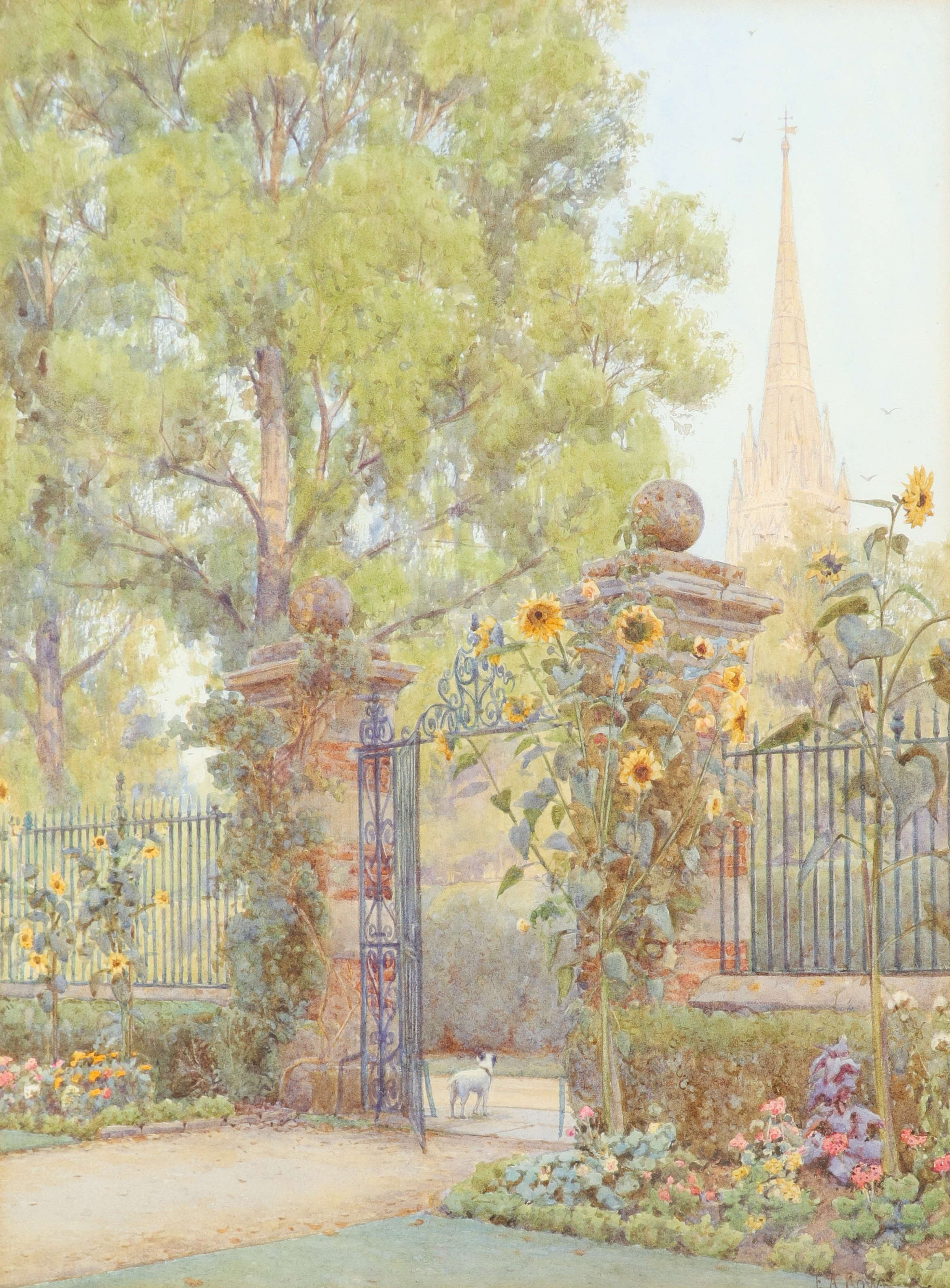 Ernest Arthur Rowe (1863-1922) Gateway to the Close with the Cathedral beyond, Salisbury Signed E.