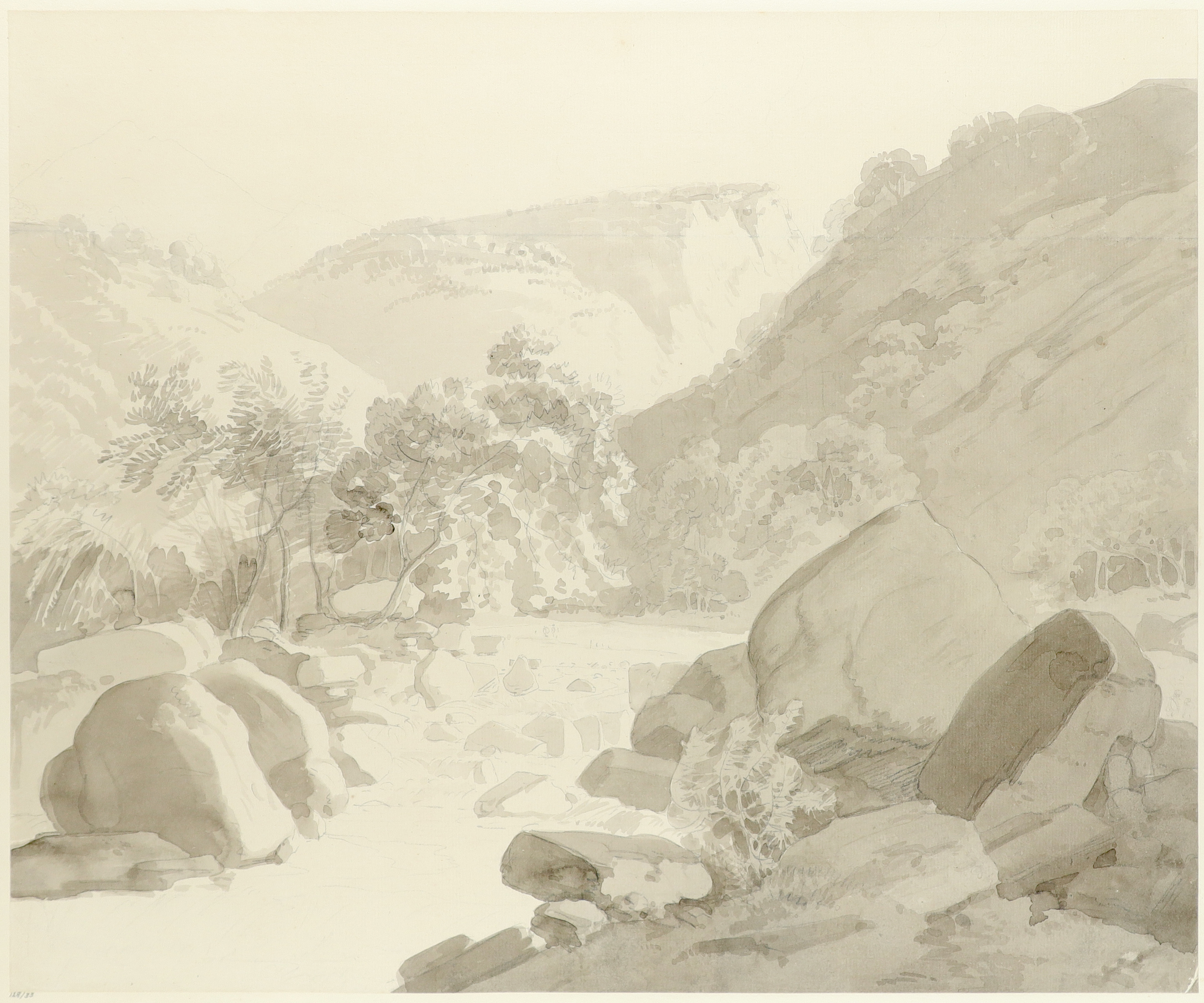 William Daniell RA (1769-1837) Mountainous river landscape Pencil and grey wash 38.4 x 47.3cm; 15