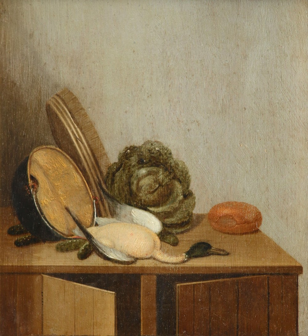 Gerrit van Vucht (Dutch 1610-1697) Still life with a duck, cabbage, gherkins, bread roll, cauldron