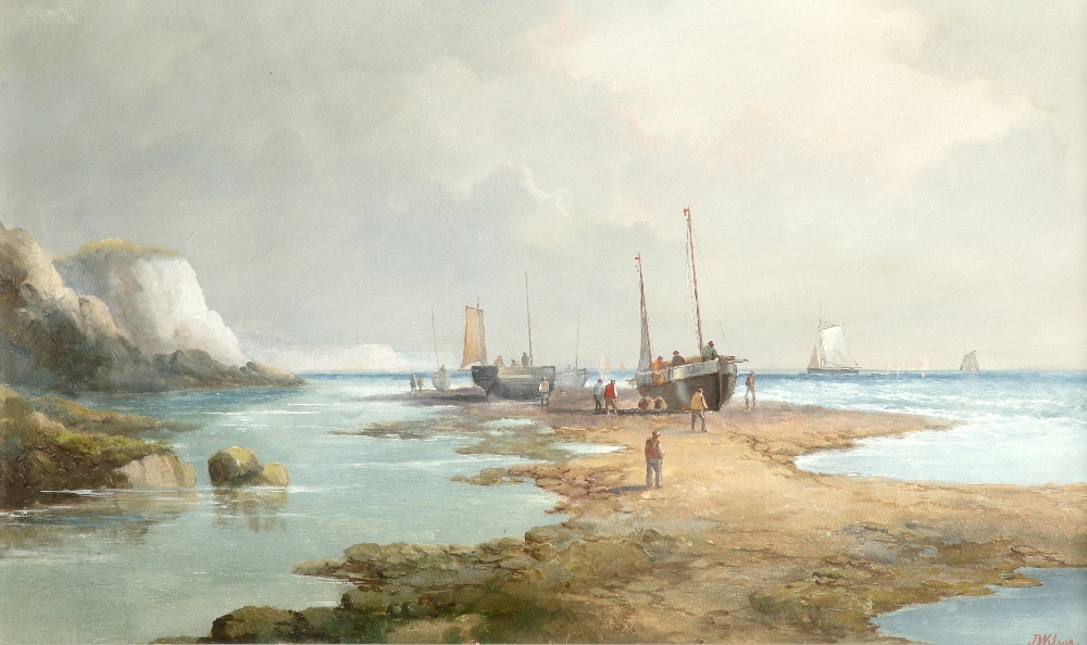 John James Wilson (1818-1875) Coastal landscape with shipping boats and figures Signed JWilson (