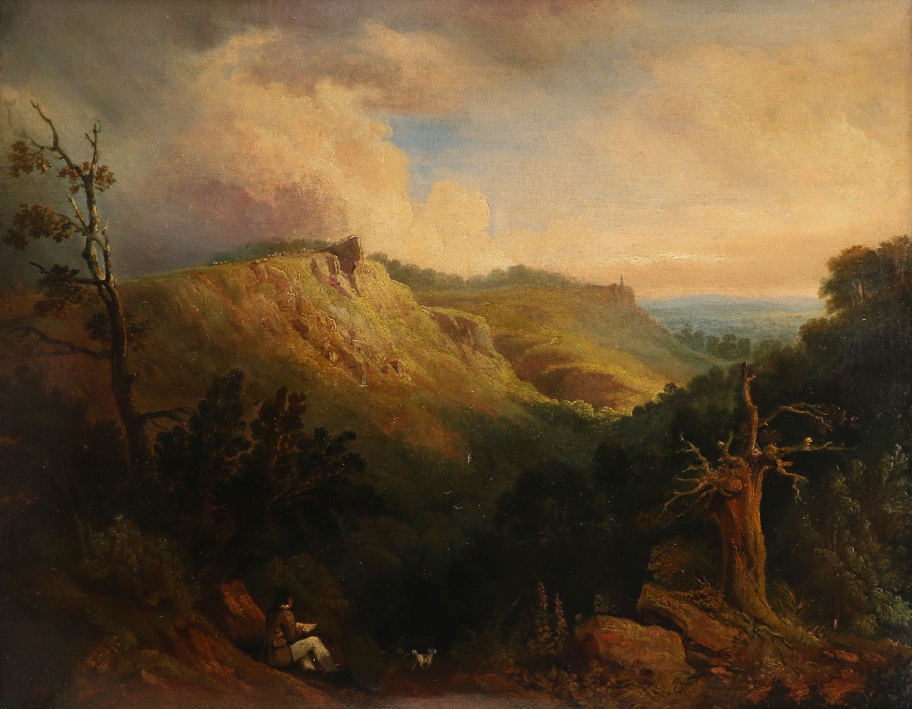 Lancelot Elford Reed (1793-1845) Extensive hilly landscape with an artist sketching and his dog