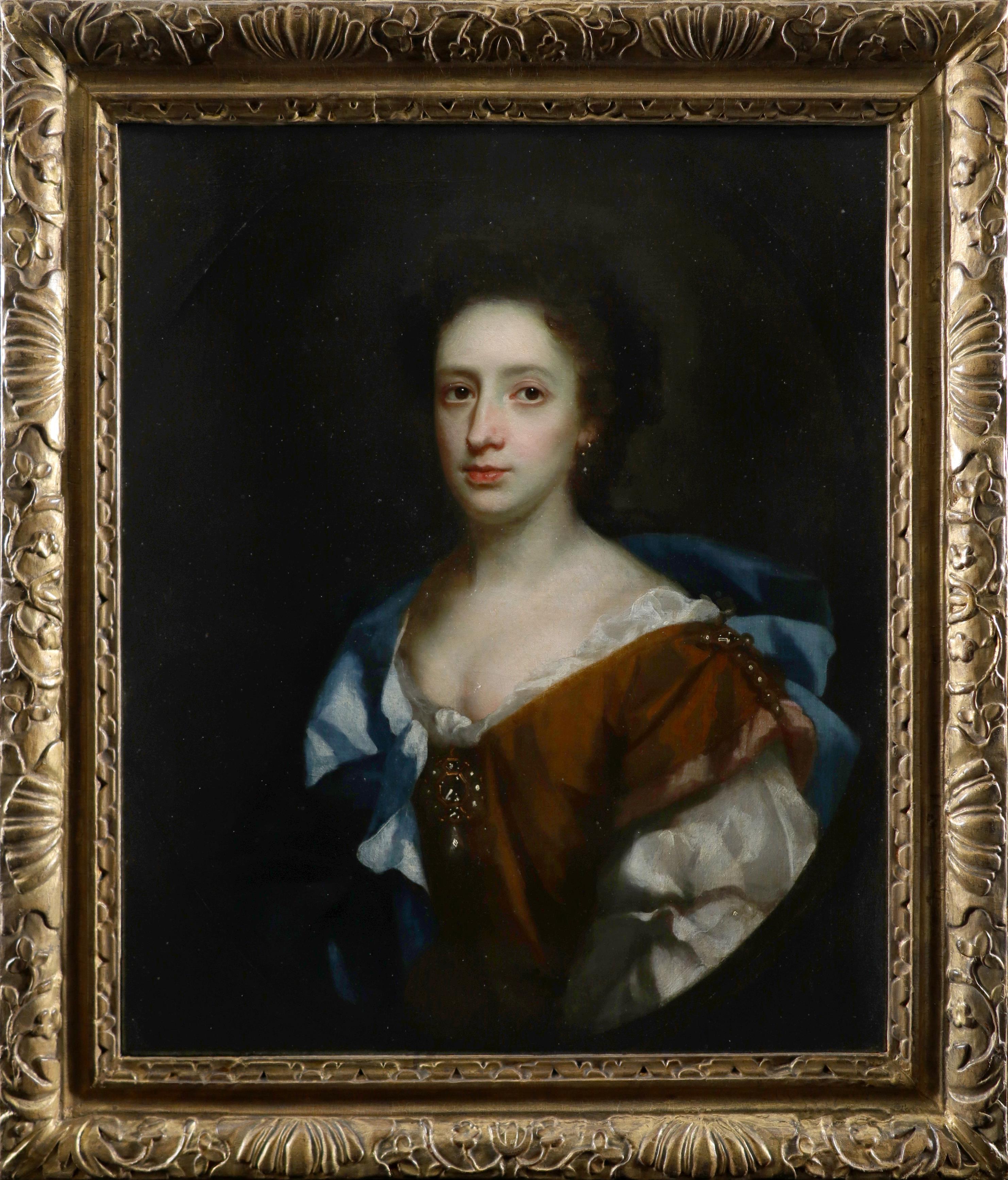 Circle of Sir Peter Lely Portrait of a lady, wearing a brown dress and blue mantle, in a painted - Image 2 of 3