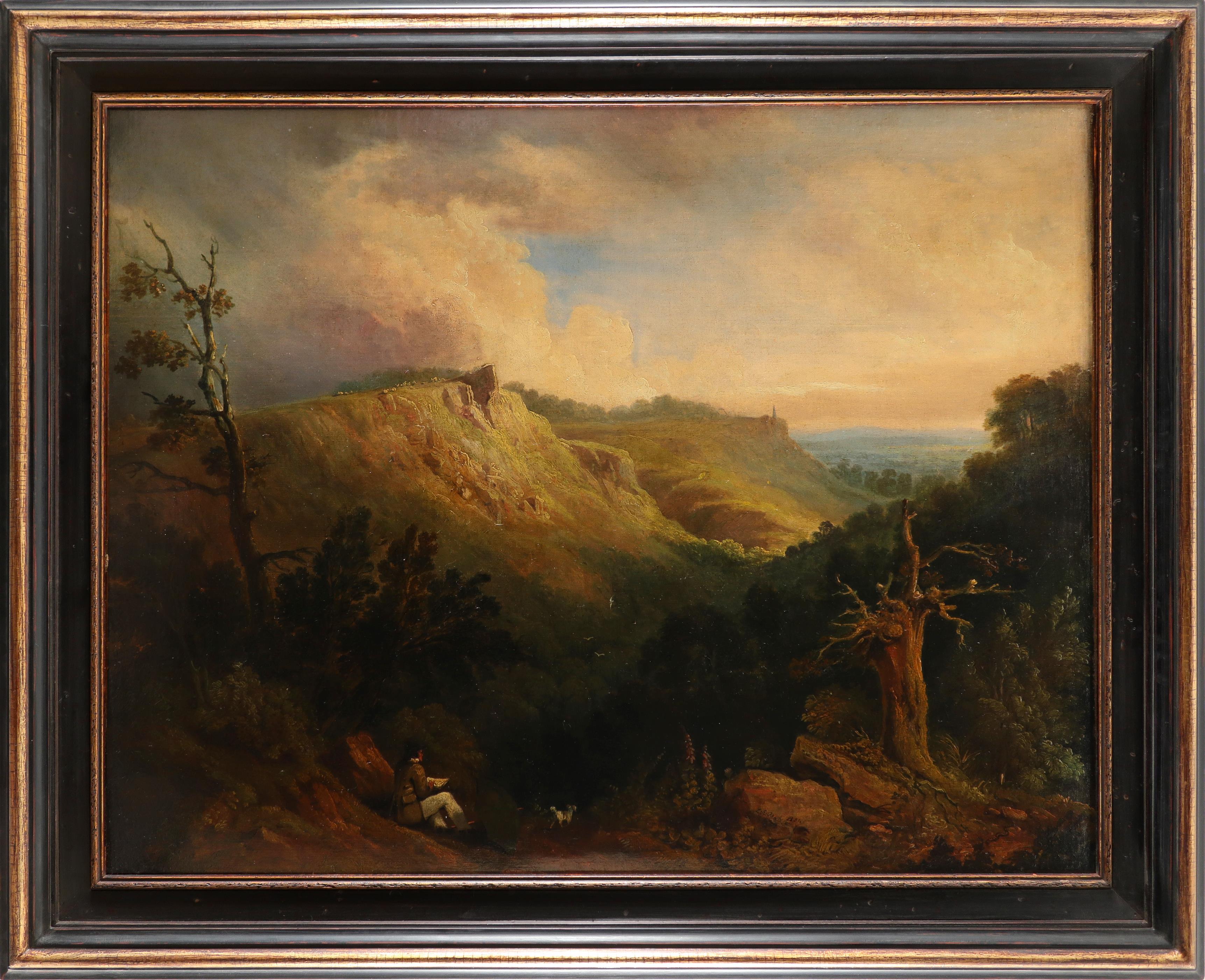 Lancelot Elford Reed (1793-1845) Extensive hilly landscape with an artist sketching and his dog - Image 2 of 3