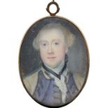 λAndrew Benjamin Lens (c.1713-c.1779) Portrait miniature of a gentleman, wearing a blue lined