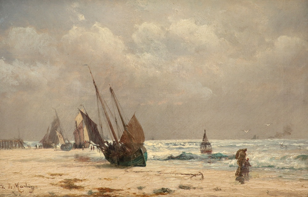 Edoardo di Martino CVO (Italian 1838-1912) Coastal landscape with figures and boats on the beach