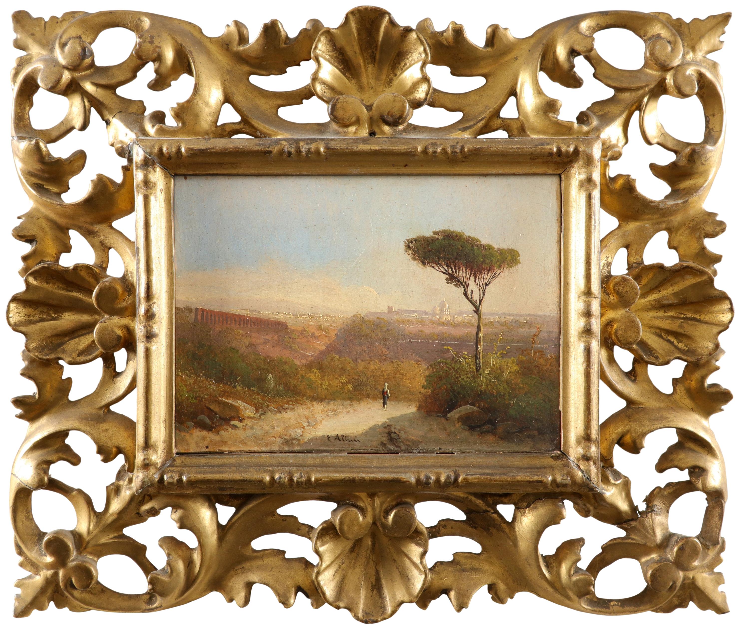 E. Altrui (Italian Early 20th Century) A view of Rome with a traveller on a path; A figure on a - Image 2 of 15