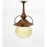 A Jesson Birkett & Co patinated brass ceiling light and vaseline shade, knopped stem with flaring