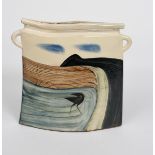 ‡James Campbell (1942-2019) a twin-handled earthenware vase, painted with a bird in a landscape to