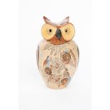 A Chelsea Bahamas pottery Owl jar and cover, modelled in relief, painted with panels of exotic birds