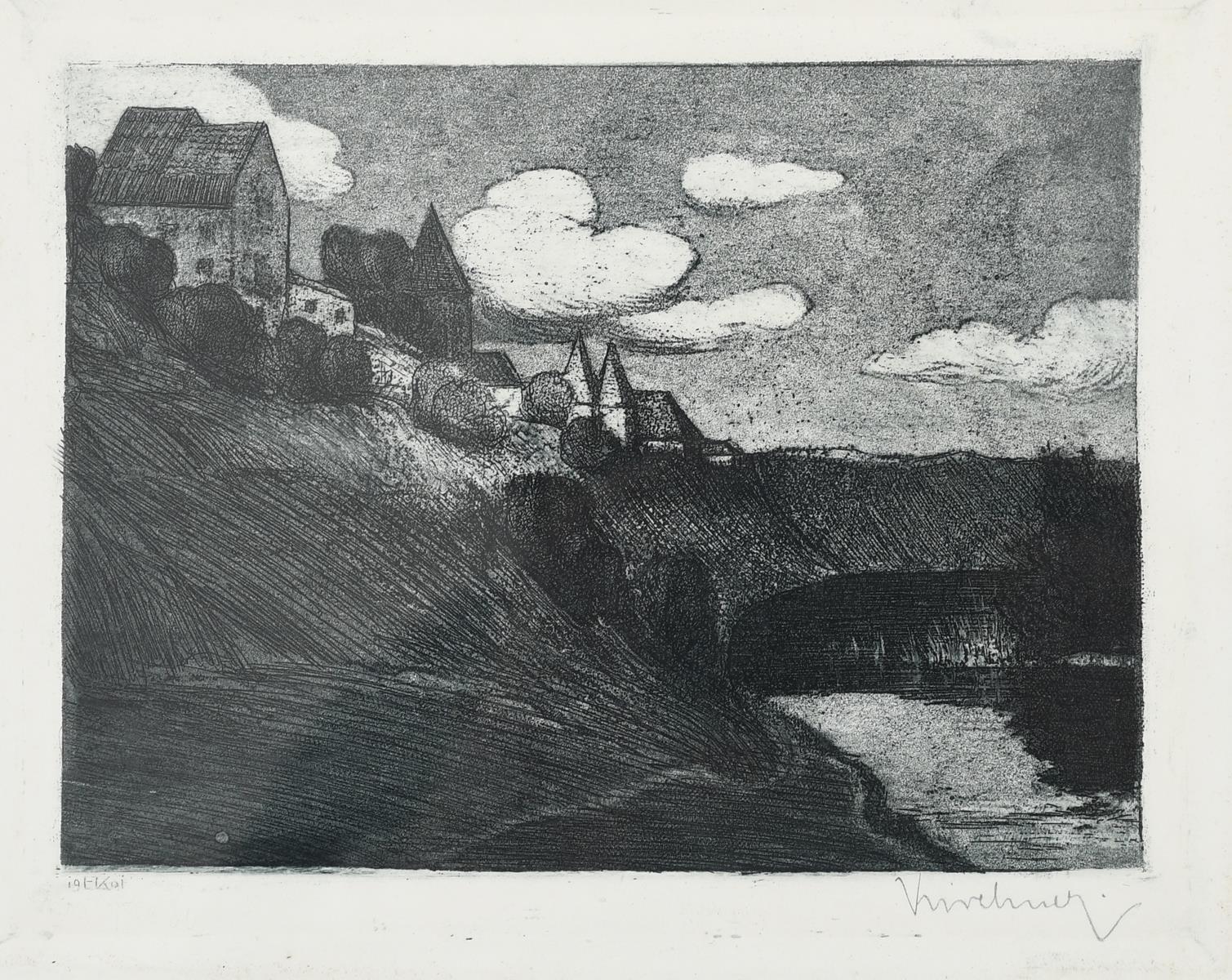 Eugen Kirchner (1865-1938) Buildings on a river bank, 1901 etching on paper, framed signed