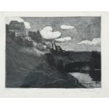 Eugen Kirchner (1865-1938) Buildings on a river bank, 1901 etching on paper, framed signed