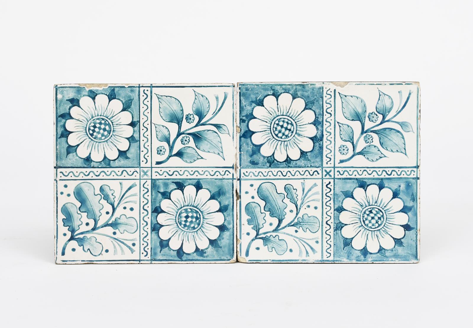 Three Morris Marshall Faulkner & Co Longden tiles probably designed by Philip Webb, painted with