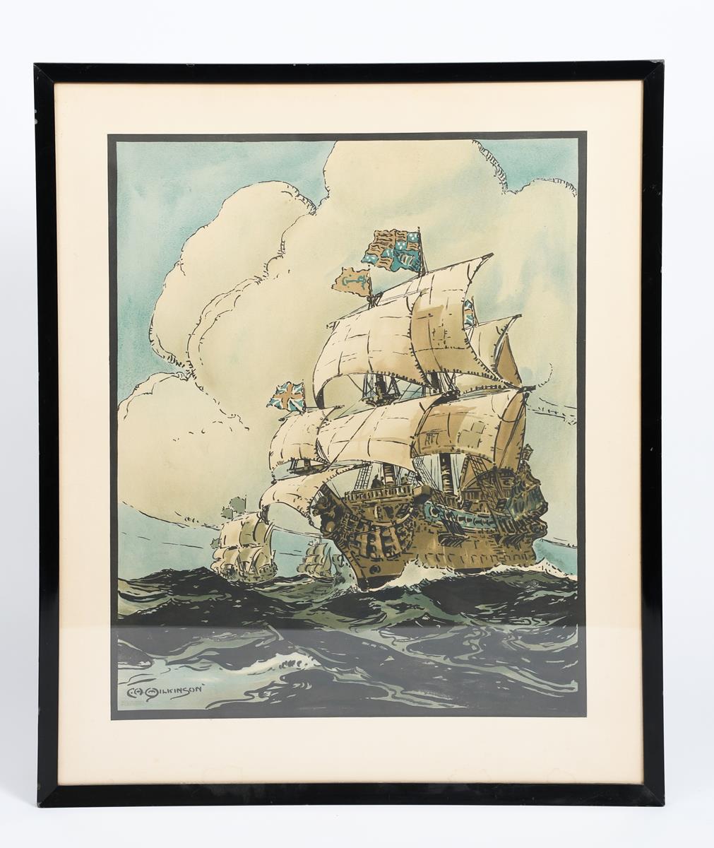 Cyril A Wilkinson, attributed Galleon lithograph on paper, published by Vincent Brooks, framed