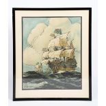 Cyril A Wilkinson, attributed Galleon lithograph on paper, published by Vincent Brooks, framed