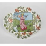 'Bo Peep' a quattro-lobed dish after a tile design by Walter Crane, printed and painted with Bo Peep
