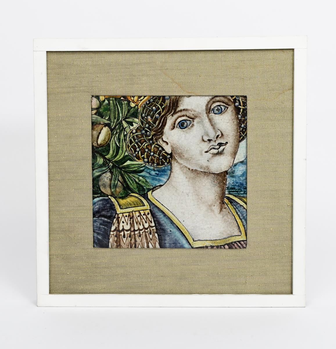 A rare large William De Morgan tile, painted with a portrait of a Renaissance lady, in shades of - Image 2 of 2