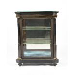 An Aesthetic Movement ebonised wood display cabinet, with applied brass bands, blue velvet lining