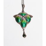 A Smith & Ewen silver and enamel pendant necklace, cast in low relief, enamelled in green, yellow