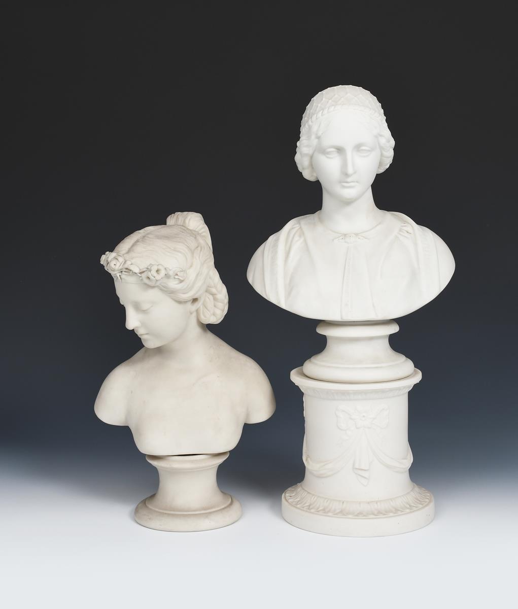 'Flora' a Copeland Parian Ware bust, on waisted socle, and another Parian Ware bust of a woman on