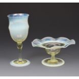 A James Powell & Sons Whitefriars straw opal glass wine glass designed by T G Jackson, and a James