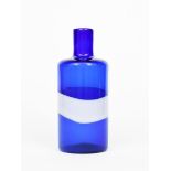 A Venini glass bottle, shouldered cylindrical blue glass with white glass stripe, acid etched Venini