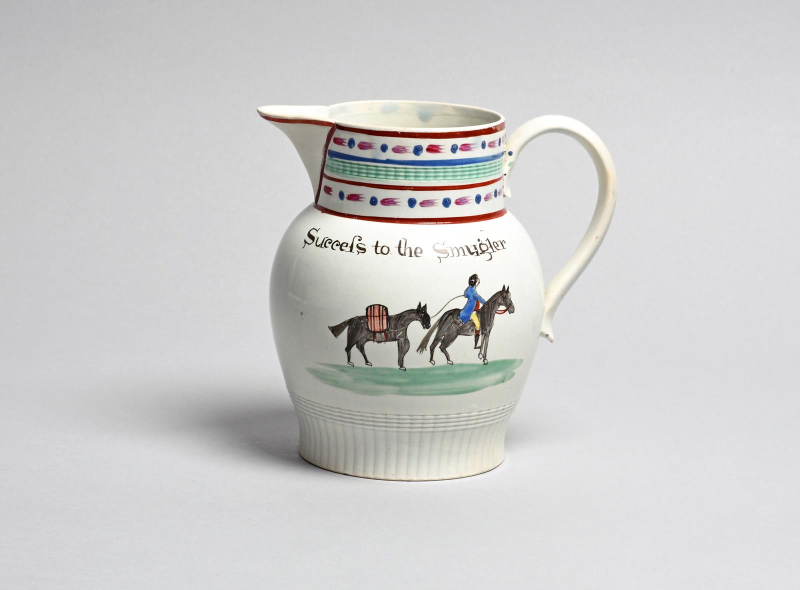 SUPPORT FOR SMUGGLING AGAINST TAXATION A rare pearlware jug, c.1787, the baluster body painted