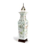 A CHINESE FAMILLE ROSE PORCELAIN 'HUNDRED ANTIQUES' VASE TABLE LAMP 19TH CENTURY of square