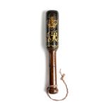 A GEORGE III PAINTED LIGNUM VITAE POLICEMAN'S TRUNCHEON DATED '1815' the head decorated to one