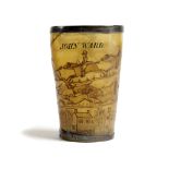 A FOLK ART HORN BEAKER 19TH CENTURY with silver bands, engraved with a fox hunting scene with