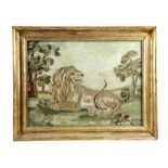 A REGENCY FOLK ART EMBROIDERED WOOLWORK PICTURE OF A RECUMBENT LION EARLY 19TH CENTURY worked in