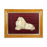 A VICTORIAN SILKWORK APPLIQUE PICTURE OF A RECUMBENT LION MID-19TH CENTURY mounted on a burgundy