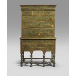 A RARE WILLIAM AND MARY GREEN JAPANNED CHEST ON STAND C.1690-1700 the front with raised gilt
