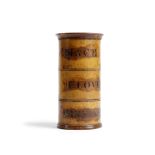 A TREEN SYCAMORE SPICE TOWER 19TH CENTURY the screw-off lid above three divisions, each with a label