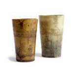 TWO FOLK ART HORN BEAKERS 19TH CENTURY each engraved with a hunting scene with a man shooting game