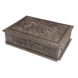 AN UNUSUAL ANTIQUARIAN CARVED OAK 'FISHING' BOX IN JACOBEAN STYLE C.1840 the hinged lid carved