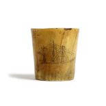 A FOLK ART SAILOR'S HORN BEAKER EARLY 19TH CENTURY scrimshaw decorated with a three masted sailing