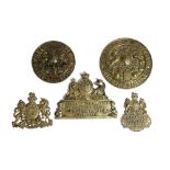 FOUR BRASS FIRE RESISTING SAFE-DOOR PLAQUES LATE 19TH CENTURY all decorated with the Royal Coat of