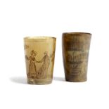 TWO SMALL FOLK ART HORN BEAKERS 19TH CENTURY one engraved with a courting couple amidst roses and