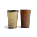 TWO FOLK ART HORN BEAKERS 19TH CENTURY both engraved with fox hunting scenes, with figures on