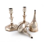 A mixed lot of silver items, comprising: a pair of late-Victorian silver candlesticks, by