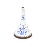 A rare English enamel wine funnel c.1770, painted in a bright blue with a bird perched on a fruiting